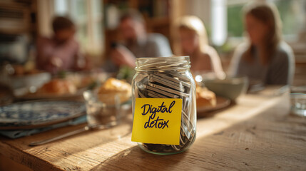 Jar labeled digital detox with smartphones, family bonding behind.