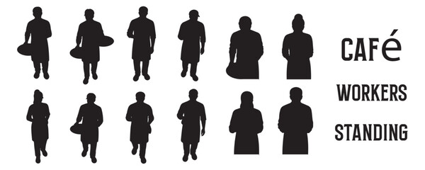 Architectural Drawings cafe workers standing, some holding trays, some with coffee cups, some behind counter gestures, top front perspective view silhouette vector illustration, top view, human person