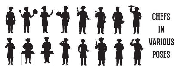 Architectural Drawings chefs in various poses silhouette vector illustration, top view, human person Minimal style hand drawn. Sections, Elevations, Floor Plans