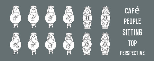 Architectural Drawings cafe people sitting at small round tables, top perspective vector illustration, top view, human person Minimal style hand drawn. Sections, Elevations, Floor Plans