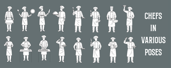 Architectural Drawings chefs in various poses vector illustration, top view, human person Minimal style hand drawn. Sections, Elevations, Floor Plans