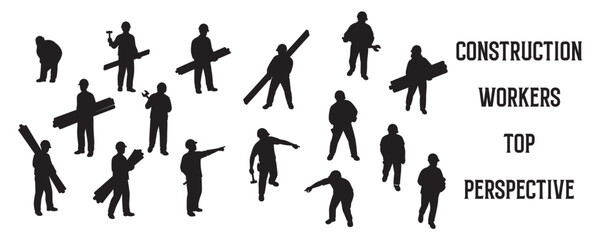 Architectural Drawings construction workers in various poses, viewed from a top-down perspective silhouette vector illustration, top view, human person Minimal style hand drawn. 