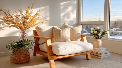 Minimalist Reading Corner - A cozy nook with a white armchair, a small side table, and a stack of books. Warm natural light highlights the simplicity.