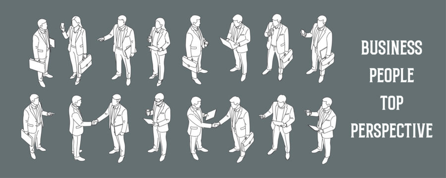 Architectural Drawings business people in various poses, viewed from a top-down perspective vector illustration, top view, human person Minimal style hand drawn. Sections, Elevations, Floor Plans
