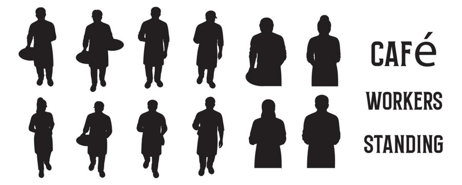 Architectural Drawings cafe workers standing, some holding trays, some with coffee cups, some behind counter gestures, top front perspective view silhouette vector illustration, top view, human person