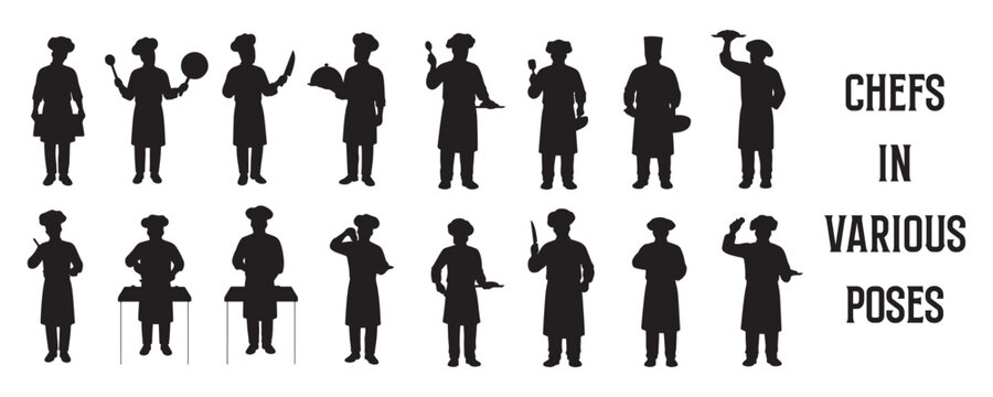 Architectural Drawings chefs in various poses silhouette vector illustration, top view, human person Minimal style hand drawn. Sections, Elevations, Floor Plans