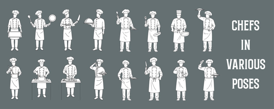 Architectural Drawings chefs in various poses vector illustration, top view, human person Minimal style hand drawn. Sections, Elevations, Floor Plans