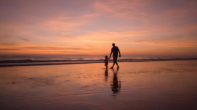 Silhouette of father and daughter on sunset beach - Powered by Adobe