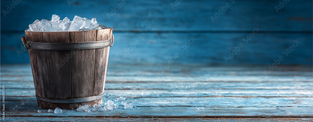 Poster ice in a wooden bucket: a rustic wooden bucket overflows with sparkling ice cubes, creating a refres