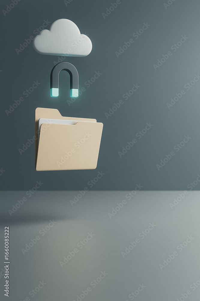 Poster digital cloud storage: a futuristic conceptual image shows a sleek, minimalist design of cloud, magn