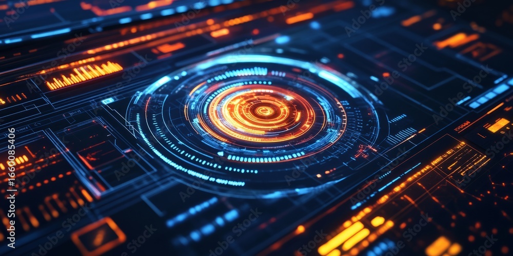 Poster a virtual reality interface with glowing elements and dynamic movement, perfect for immersive, tech-