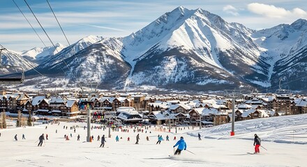 Scenic ski resort nestled among snow-capped mountains, a winter wonderland experience