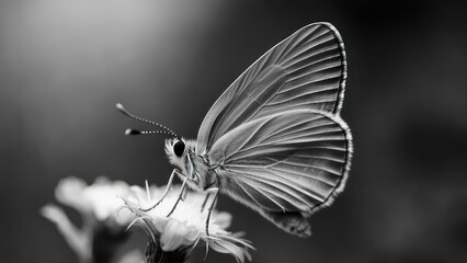 Butterfly on flower, grayscale close-up