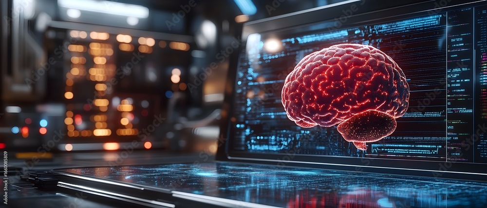 Poster a computer monitor shows a brain with red and blue colors