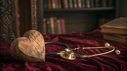 Vintage Wooden Heart and Stethoscope on Velvet Table in Library