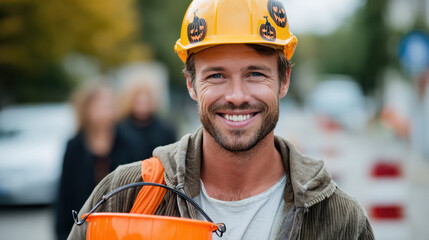 Construction worker wearing safety helmet decorated with Halloween