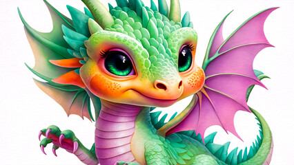 Fototapeta premium A vivid artwork featuring a lovable baby dragon with bright wings and big expressive eyes, full of whimsy.