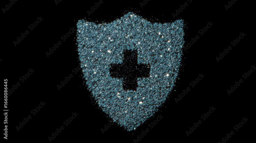 Poster digital security symbol with glowing particles on black background