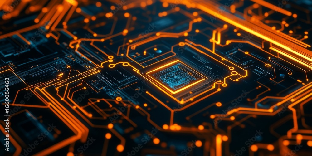 Poster intricate circuit board layout with sharp lines and vibrant copper traces, perfect for high-tech, de