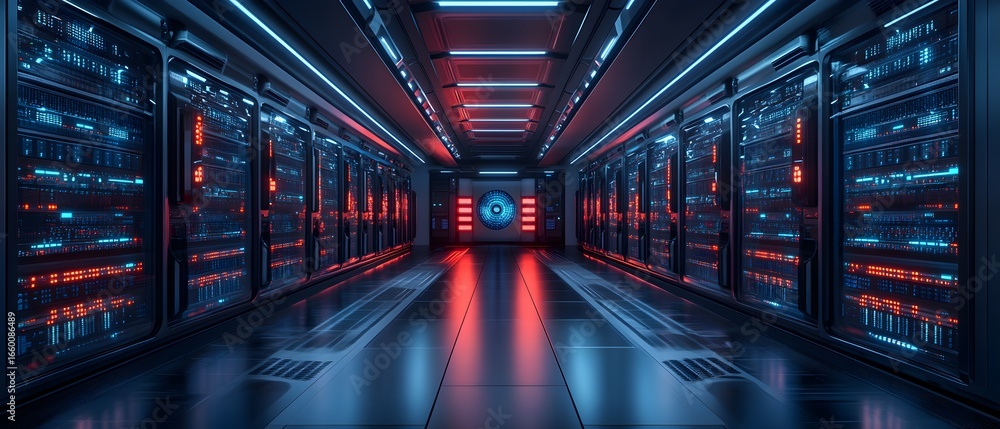 Poster a large room with many computers and a large red circle in the middle