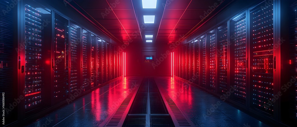 Poster a large room with many computers and a red light