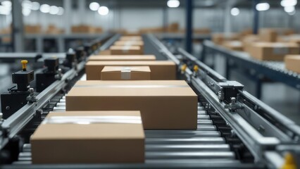 Fototapeta premium Cardboard boxes on a conveyor belt in a factory (1)