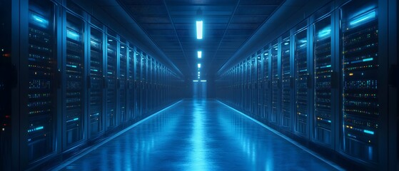 Fototapeta premium A long hallway with many computer servers