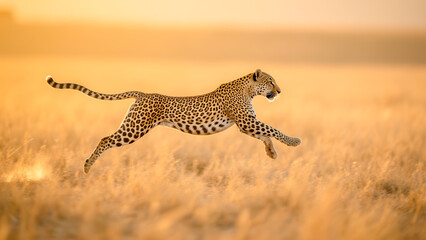 Fototapeta premium Graceful Leopard Leaping Through Golden Grasslands During Sunset in the African Savanna