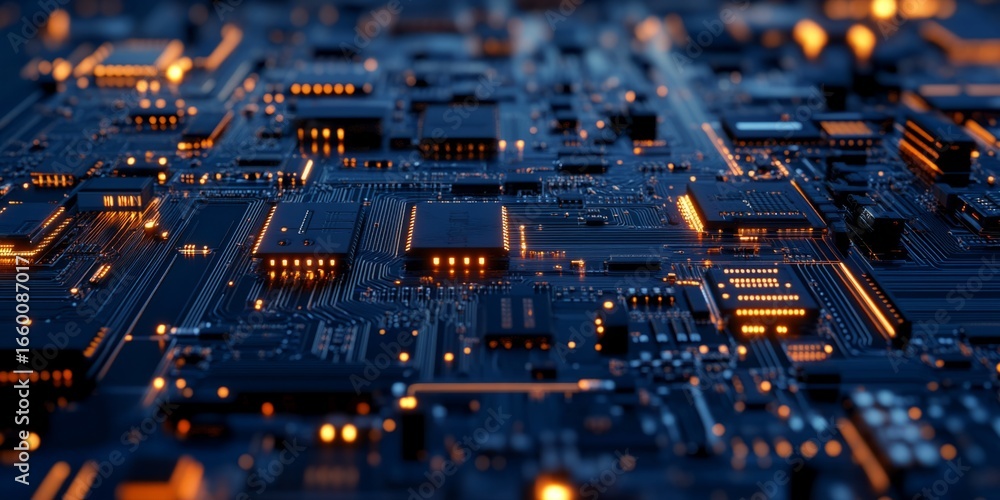 Poster high-resolution shot of a densely packed circuit board with glowing leds and fine details, ideal for