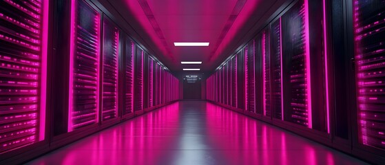 A long hallway with pink lights and a sign on the wall