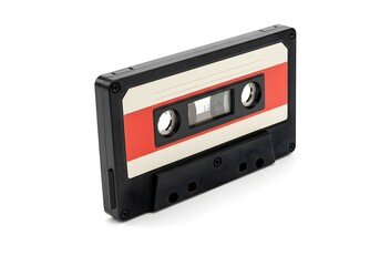 Obraz premium Vintage Black Audio Cassette with Red and White Label – Retro Music Media Isolated on White
