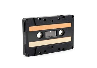 Obraz premium Retro Black Audio Cassette with Orange and Beige Stripes – Vintage Music Media Isolated on White