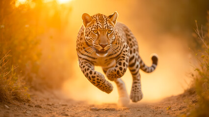 Fototapeta premium Powerful jaguar running through golden dust in a vibrant sunset landscape
