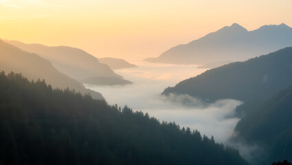Fototapeta premium Serene Mountain Landscape at Sunrise with Misty Valleys and Soft Light