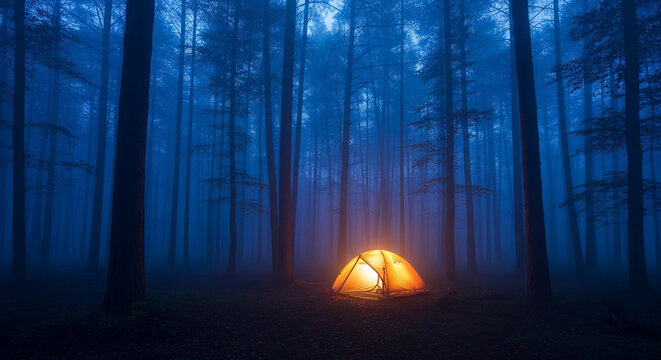  Mystical Twilight Forest Scene with a Solitary Glowing Tent Framed by Silhouetted Trees and Fog