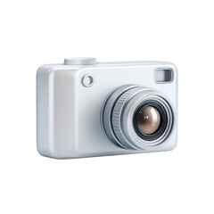 Glossy white camera, detailed lens & flash, isolated against black background