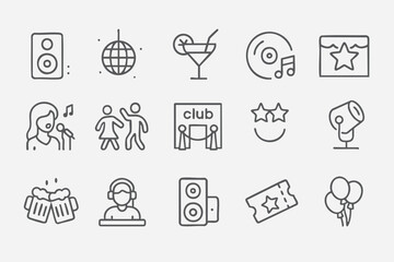 Linear icon set about music and nightlife: speakers, disco ball, cocktail, DJ, stage, microphone, ticket, and balloons. Minimalist, perfect for party, event, festival and entertainment design projects
