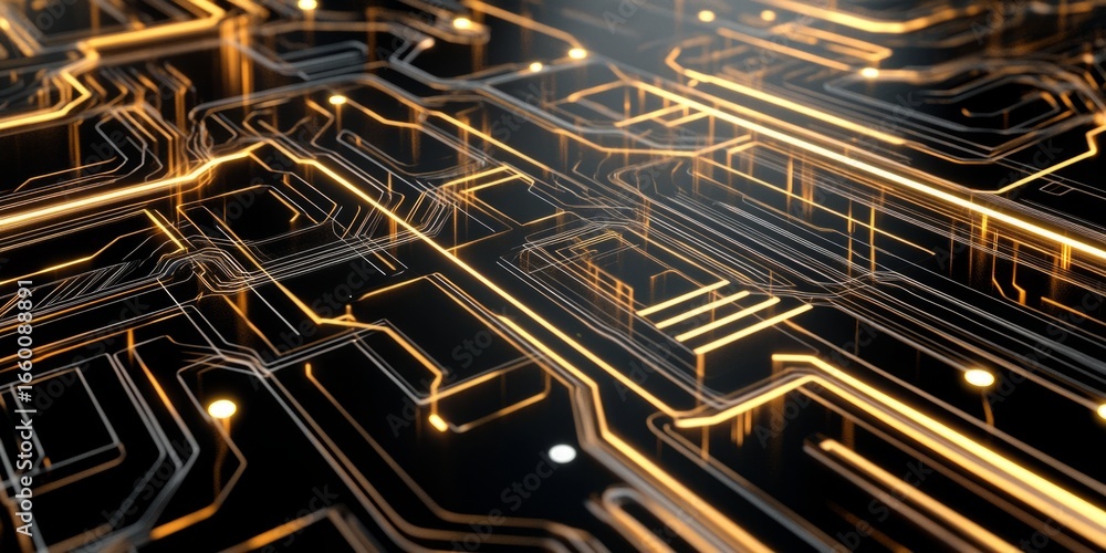 Poster repeating circuit patterns with sharp lines and geometric precision, perfect for modern tech designs