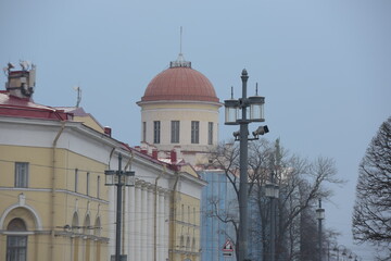 Architectural view of St. Petersburg with a dome of a historic building and columns on the facade.  