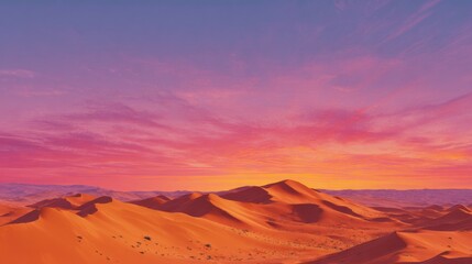 Naklejka premium Majestic desert panorama displaying expansive orange dunes against a stunning pink and purple sky