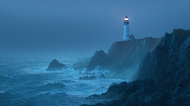 White lighthouse on a dramatic rocky cliff illuminates the misty dark ocean below