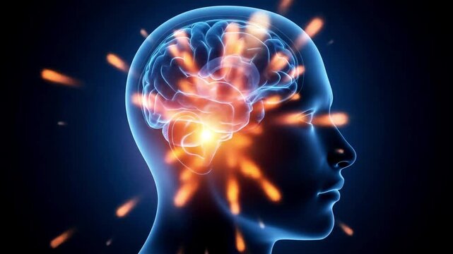 X-Ray Animation of a Human Head Showing Pulsating Pain Signals Firing in the Brain