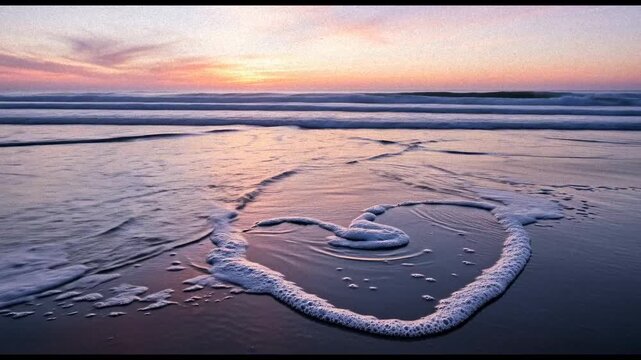 Heart shaped sea foam on beach at sunset creates romantic scene with gentle waves and colorful sky, perfect for love and tranquility themes.