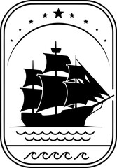 A sleek black silhouette of a sailing ship on waves in a rounded rectangular frame with arched sky and stars, emphasizing nautical style.