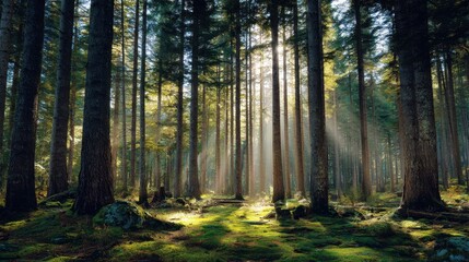 Fototapeta premium Sunlit Forest: Sunlight streams through tall trees in a dense forest, creating a magical, ethereal atmosphere. The forest floor, carpeted in moss, glows with the golden light. 