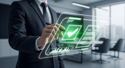 Businessman approving digital checklist with confidence in sleek modern office setting for enhanced productivity