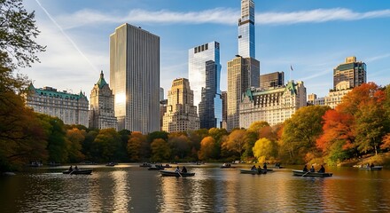 Fototapeta premium Scenic view of Central Park Lake in Autumn, New York City, capturing the iconic skyline