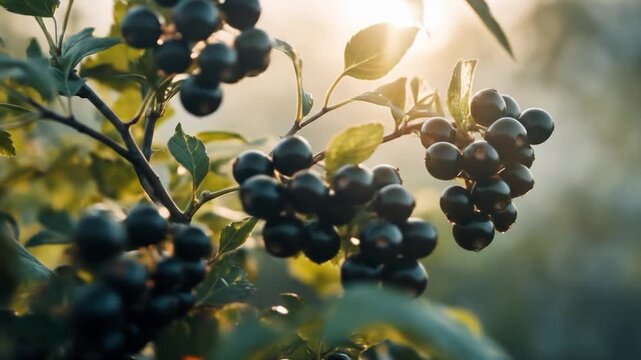 Lush Black Chokeberries on Branches Swaying in Golden Sunlight, Nature's Bounty