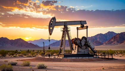 Desert Oil Pump Sunset Landscape.