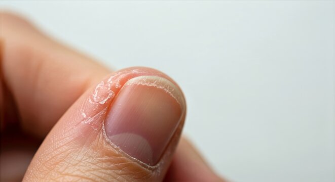 Soft neutral light illuminates flaky skin near fingernails on a clean off-white background with subtle hangnails and dry texture details